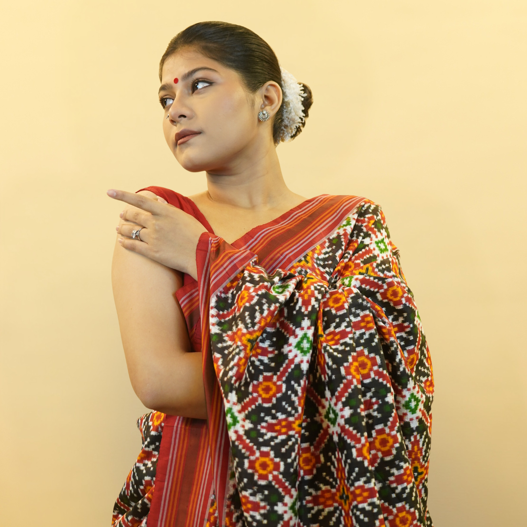 Red & Black Mulberry Silk  Double Ikat Saree