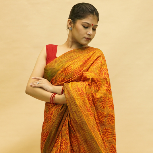 Mustard Yellow Mulberry Silk Uzbek-Style Double Warp Ikat Saree