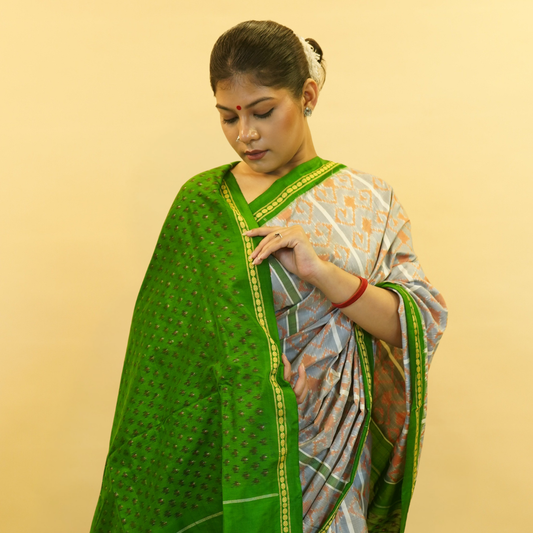 Grey & Green Mulberry Silk Pochampally Ikat Saree