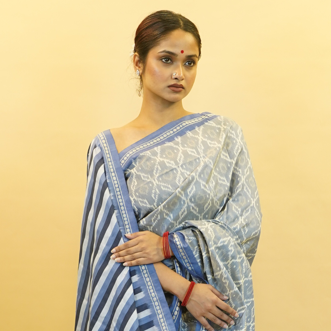 Grey, Blue & White Mulberry Silk Pochampally Ikat Saree