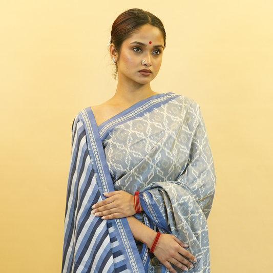 Grey, Blue & White Mulberry Silk Pochampally Ikat Saree