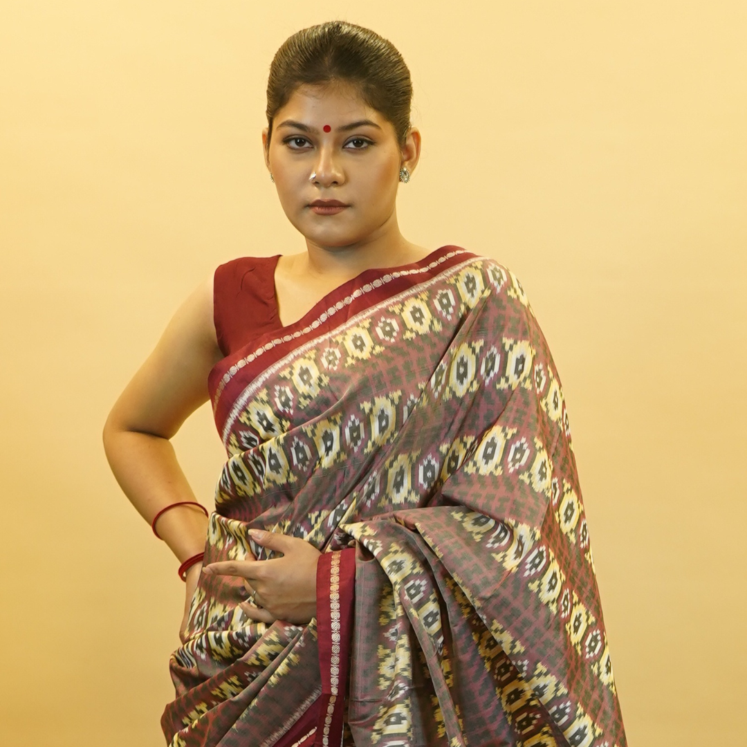 Maroon & Yellow Mulberry Silk Pochampally Ikat Saree