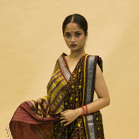 Chocolate Brown & Yellow Mulberry Silk Odisha Ikat Saree