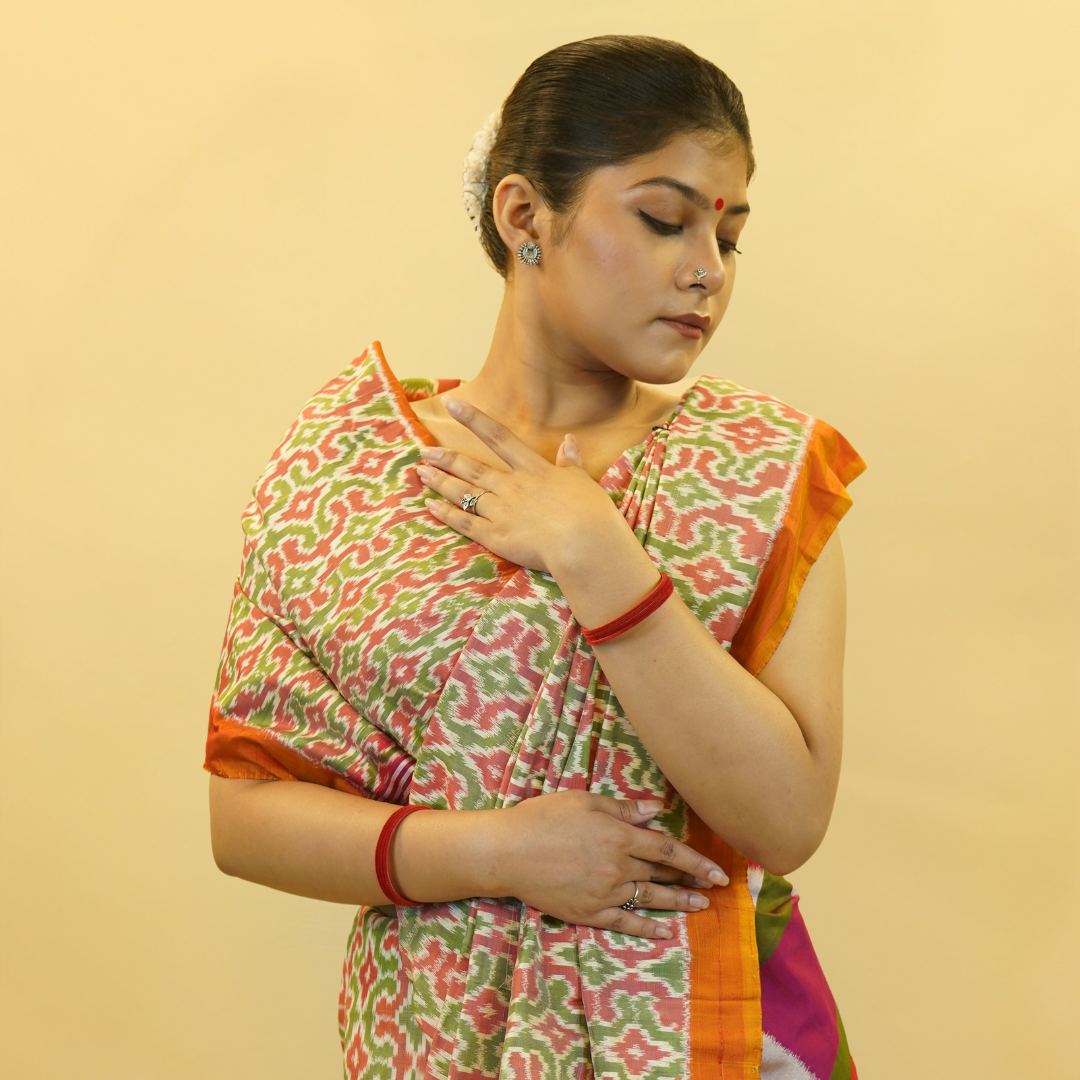 Bibhu Mohapatra Orange & Green Mulberry Silk Pochampally Ikat Saree