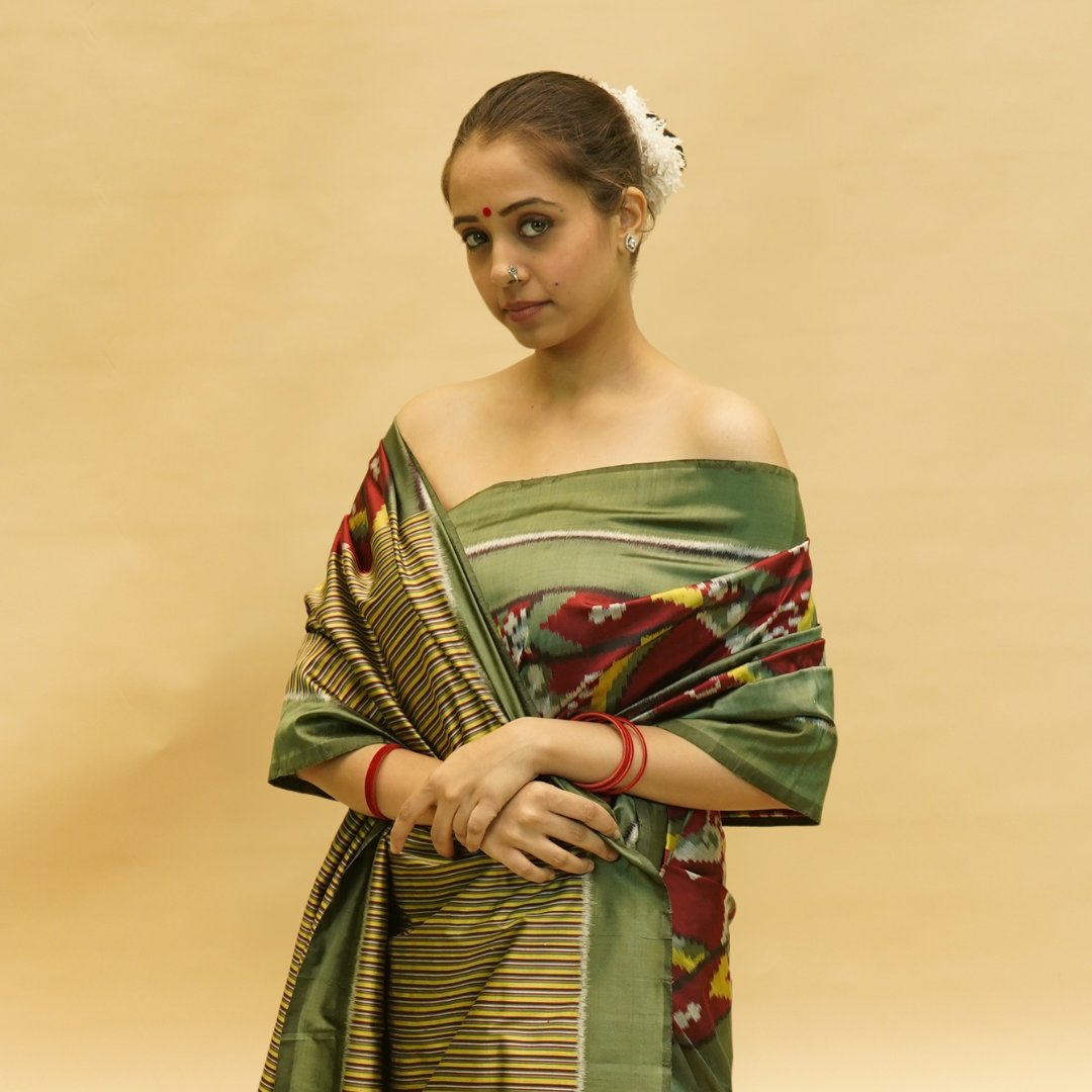 Maroon & Green Mulberry Silk Odisha Ikat Saree