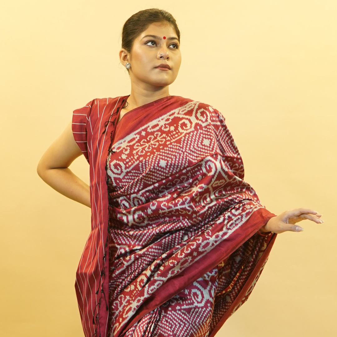 Maroon & Silver Mulberry Silk Odisha Ikat Saree
