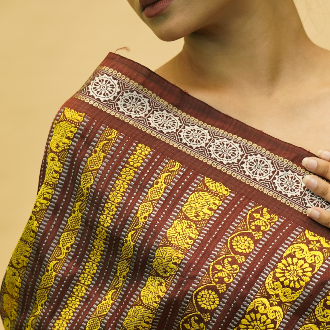 Chocolate Brown &amp; Yellow Mulberry Silk Odisha Ikat Saree