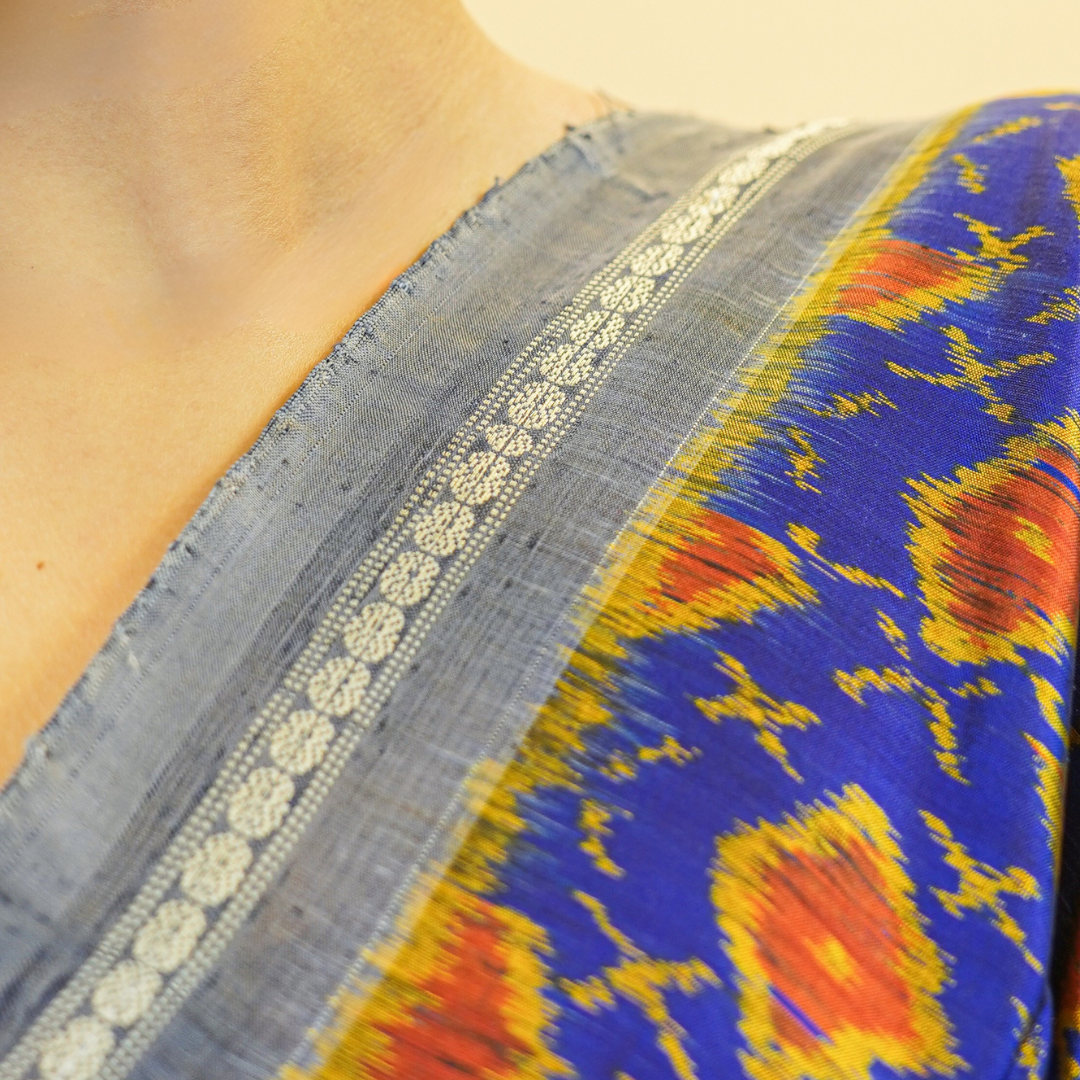 Bibhu Mohapatra Cobalt Blue &amp; Orange Mulberry Silk Odisha Ikat Saree