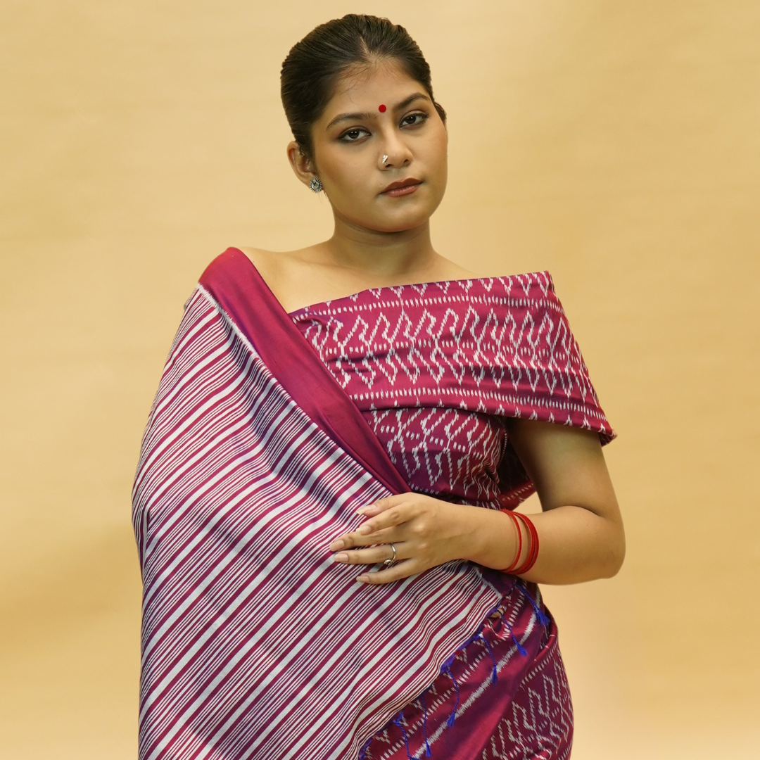 Magenta & Blue Mulberry Silk Odisha Ikat Saree
