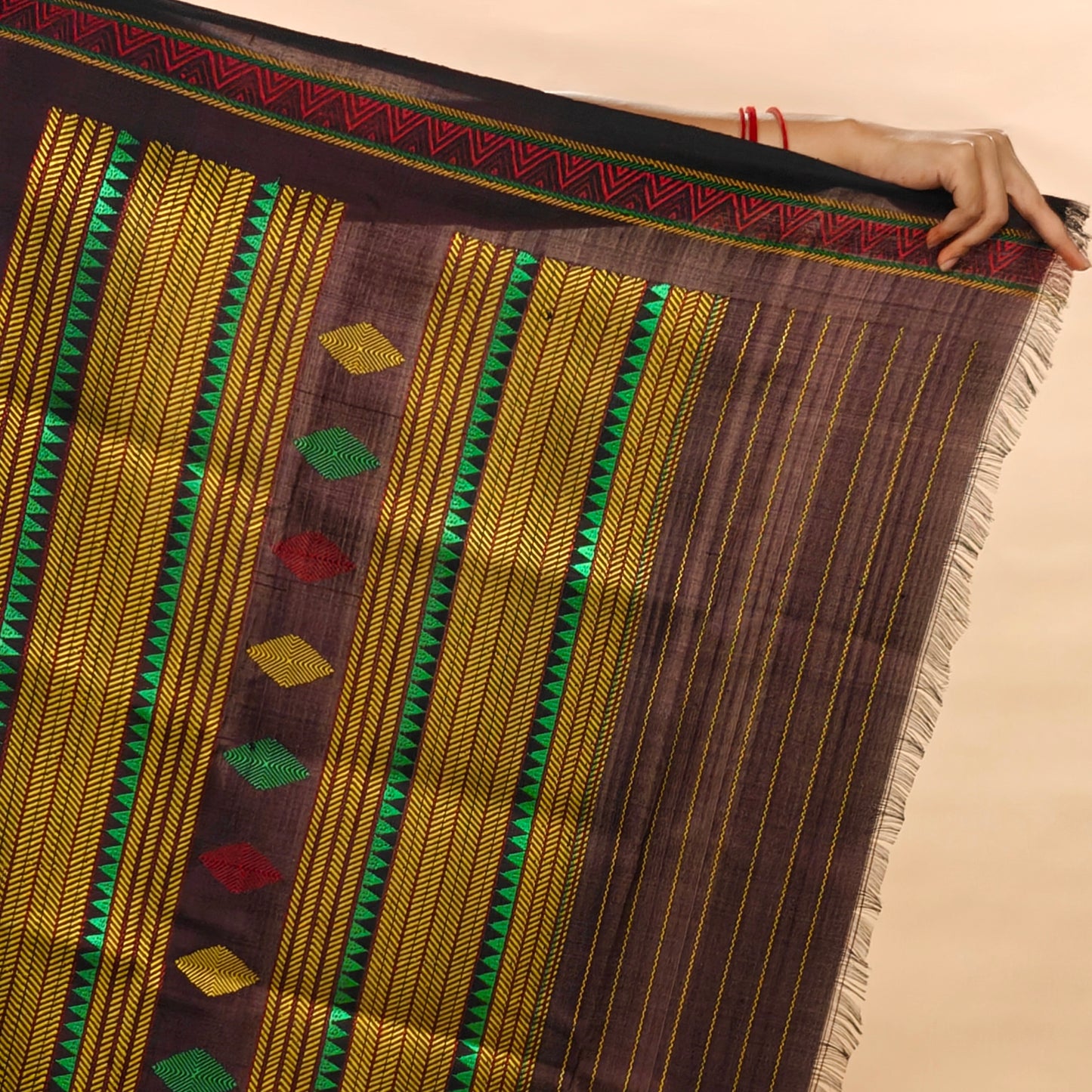 Dark Brown & Yellow Mulberry Silk Odisha Ikat Saree with Zig-Zag Border